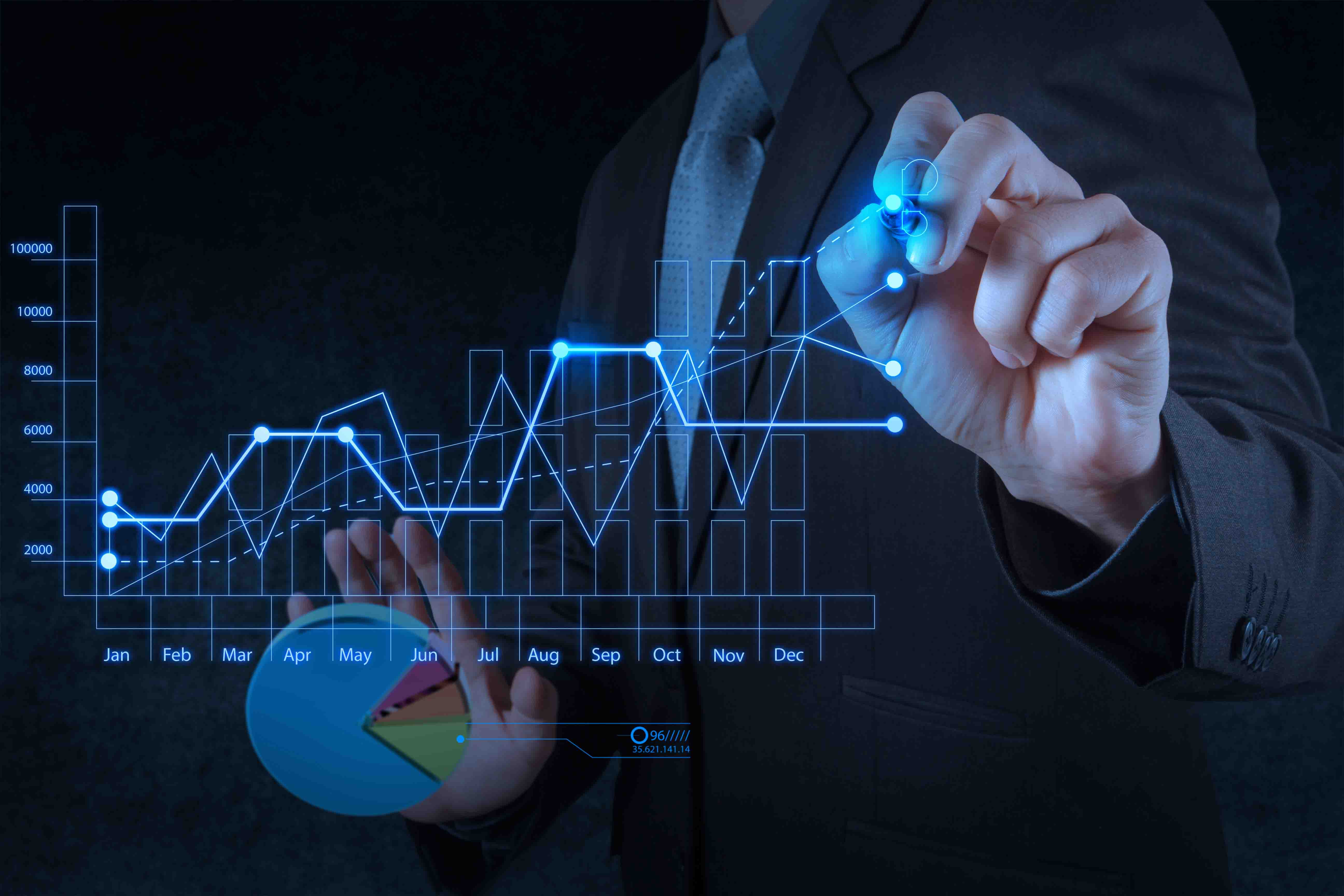 businessman hand drawing virtual chart business on touch screen computer